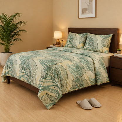 Sage Green Tropical Leaf Bedsheet - 100% Cotton