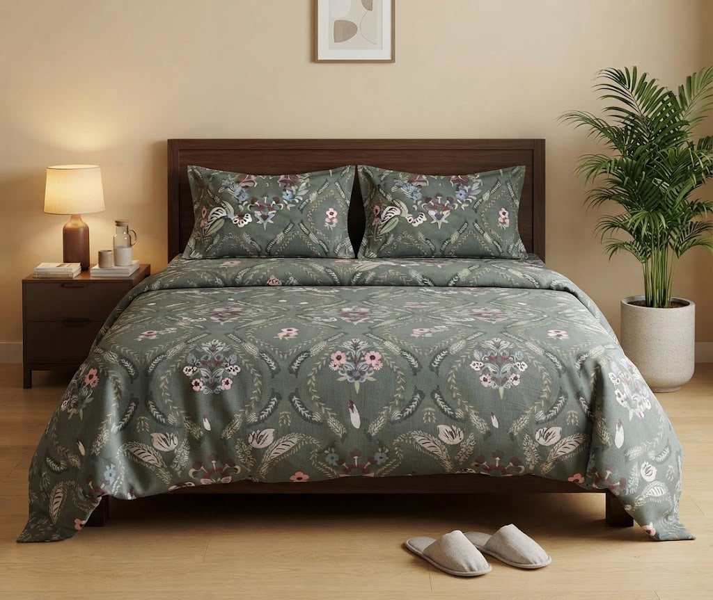 Sage Green Floral Medallion Bedsheet - 100% Cotton
