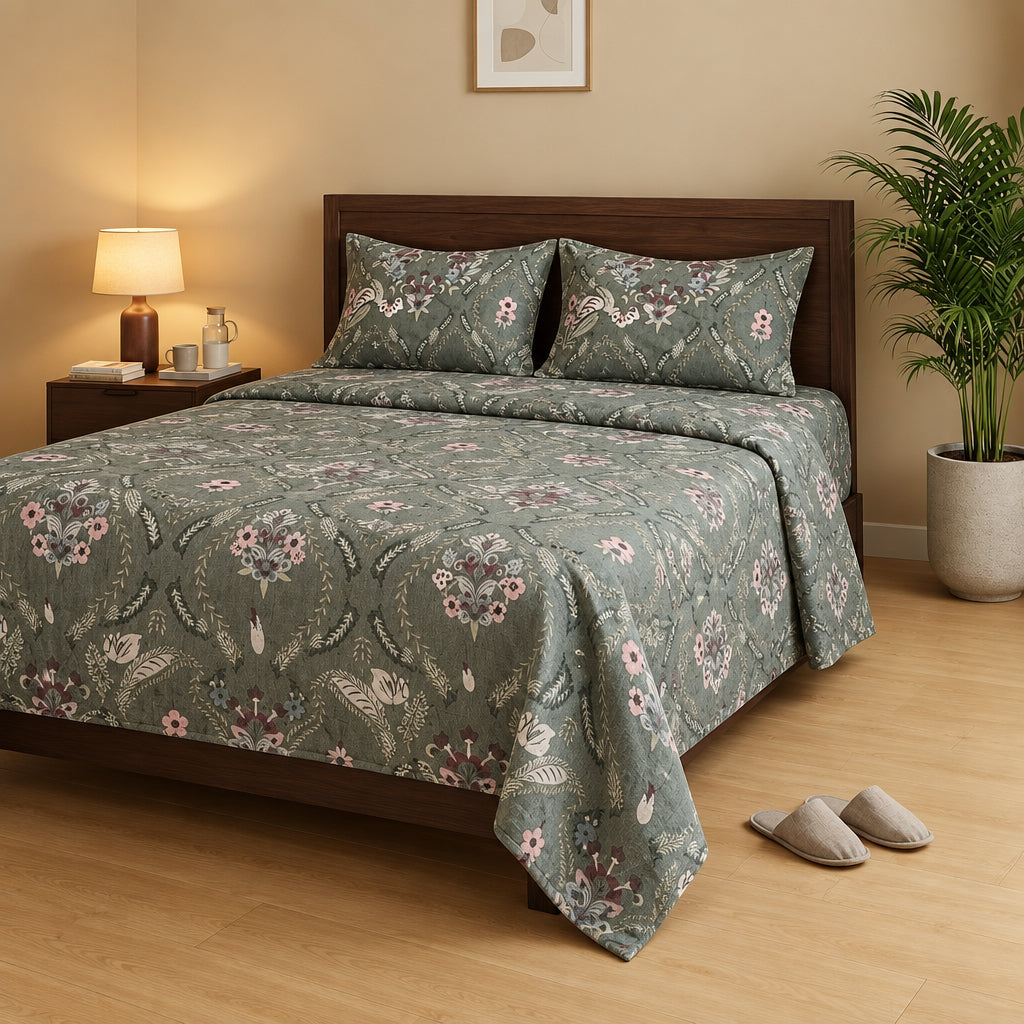 Sage Green Floral Medallion Bedsheet - 100% Cotton