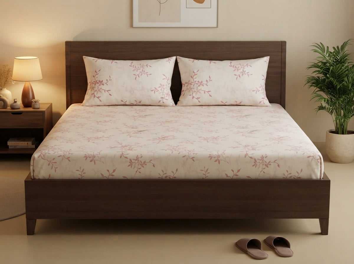 Blossom Whisper King Bedsheet Set with delicate blush floral print on off-white background, styled on a dark wood king bed with two matching pillow covers