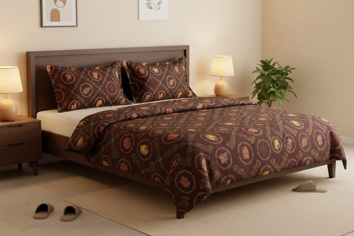 Autumn Medallion King Bedsheet Set with dark brown botanical medallion print featuring acorns, leaves and pumpkins, styled on a king bed with matching pillow covers