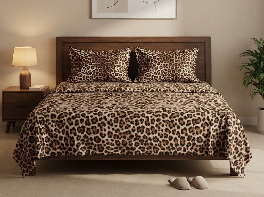 Wild Leopard King Bedsheet Set with all-over caramel and brown leopard animal print, styled on a dark wood king bed with two matching pillow covers