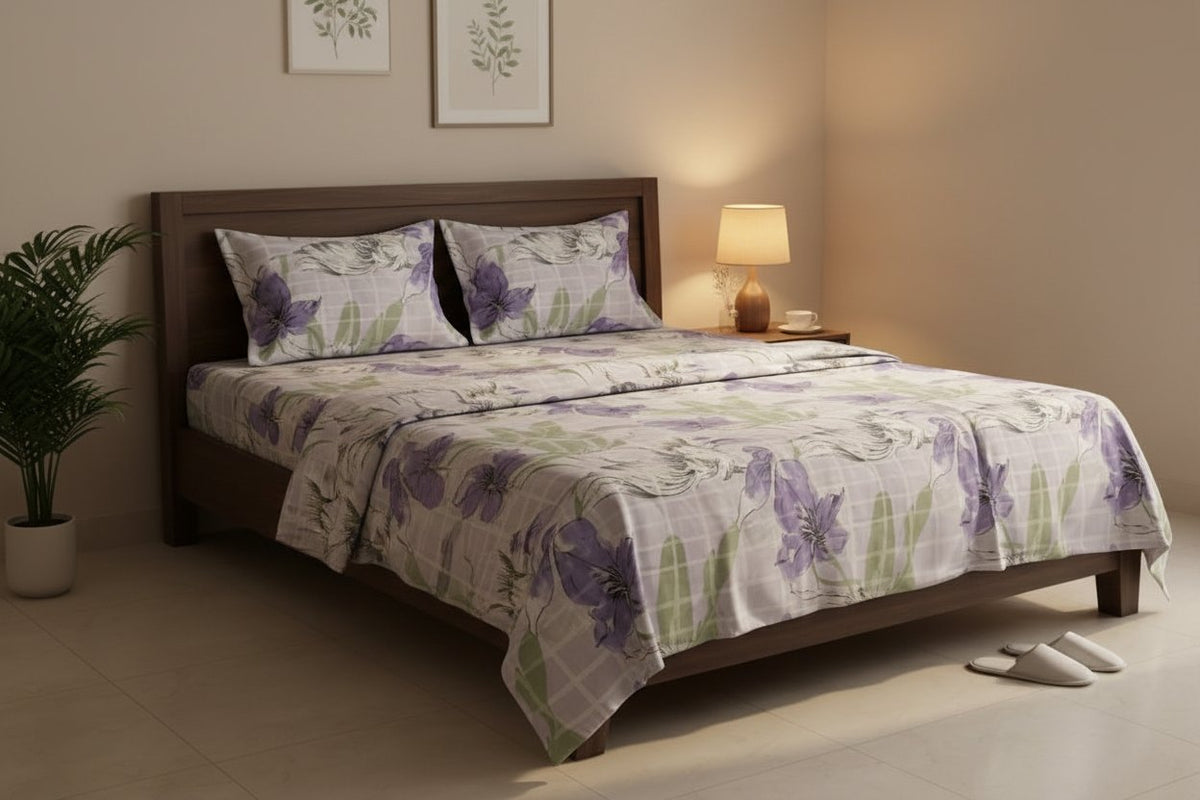 Purple Iris King Bedsheet Set with large watercolor purple iris flowers and green leaves on grey-white check base, styled on a dark wood king bed with two matching pillow covers