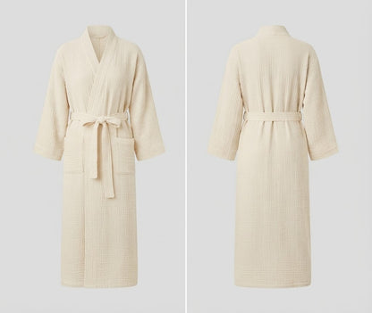 Cream Full-Length Wrap Robe with Belt & Pockets