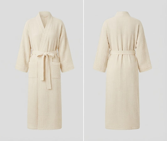 Cream Full-Length Wrap Robe with Belt & Pockets