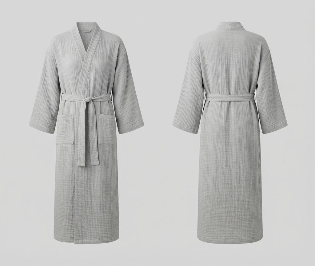 Light Gray Full-Length Wrap Robe with Belt & Pockets