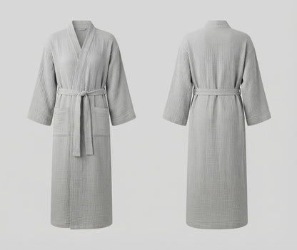 Light Gray Full-Length Wrap Robe with Belt & Pockets