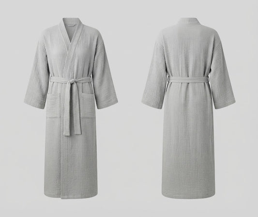 Light Gray Full-Length Wrap Robe with Belt & Pockets
