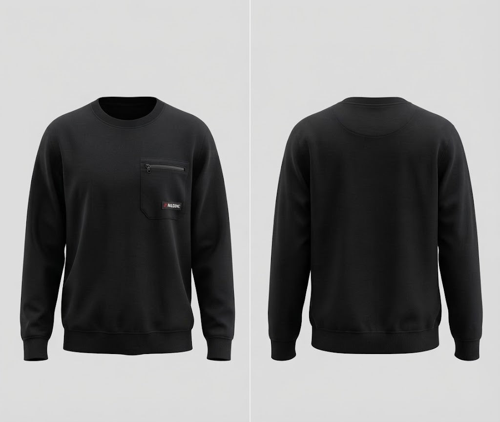Black Crew Neck Sweatshirt with Zip Chest Pocket