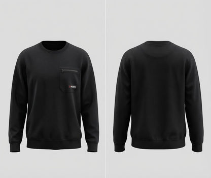 Black Crew Neck Sweatshirt with Zip Chest Pocket
