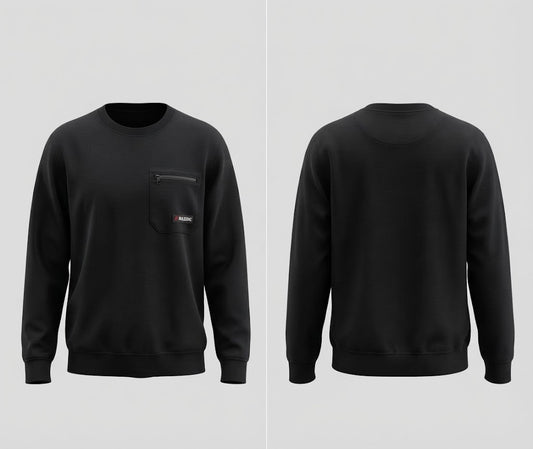 Black Crew Neck Sweatshirt with Zip Chest Pocket