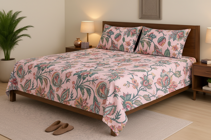 Jaipur Garden Single Bedsheet Set with rich Jacobean floral vine print in teal, crimson and gold on blush pink background, styled on a dark wood single bed with matching pillow cover