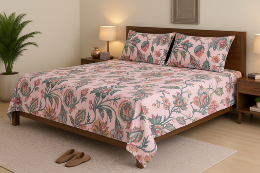 Jaipur Garden Single Bedsheet Set with rich Jacobean floral vine print in teal, crimson and gold on blush pink background, styled on a dark wood single bed with matching pillow cover