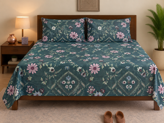 Teal Daisy Garden Single Bedsheet Set with pink daisy and white wildflower print on rich teal diamond lattice background, styled on a dark wood bed with matching pillow covers