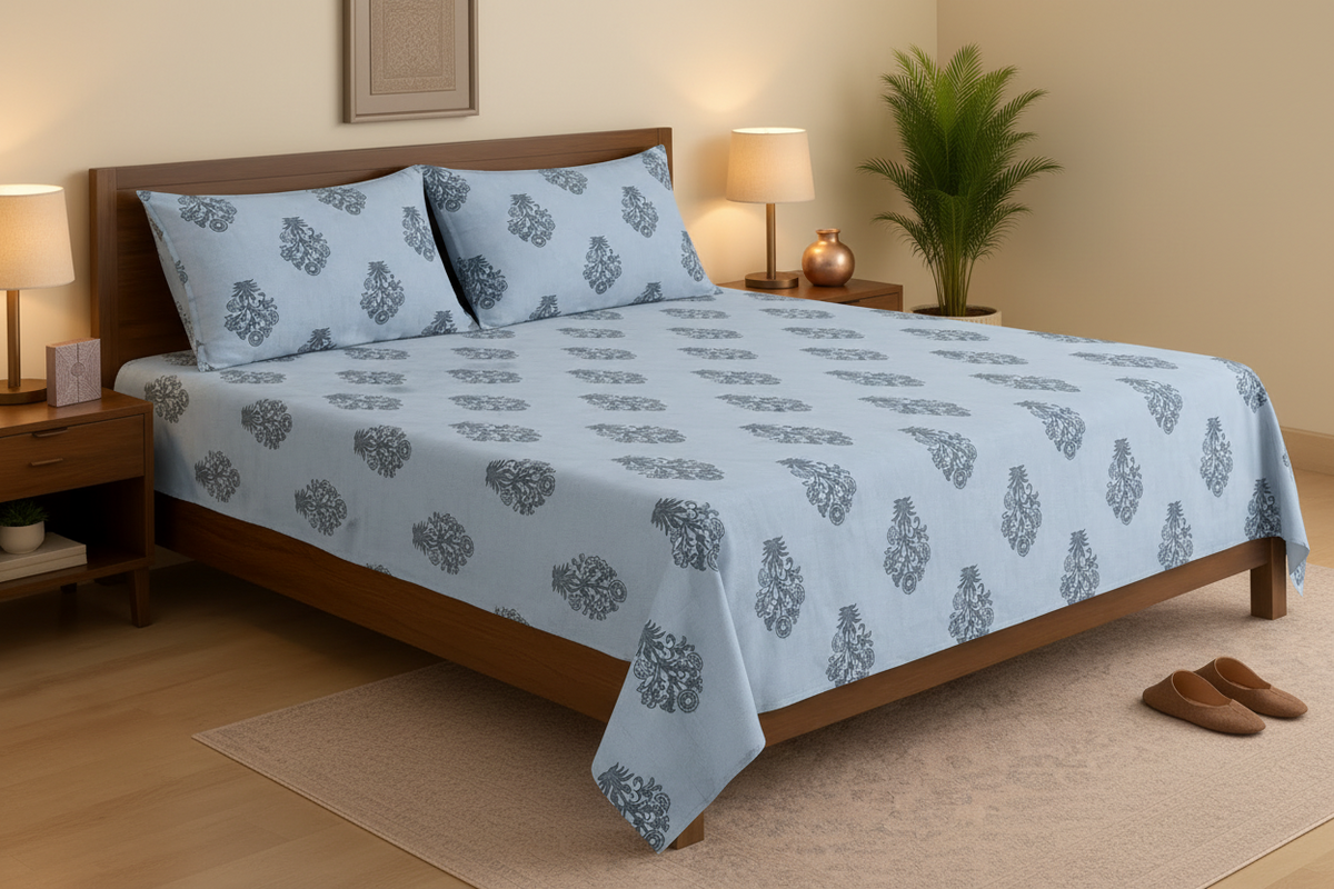 Blue Boteh Medallion Single Bedsheet Set with steel blue paisley medallion block print on powder blue background, styled on a dark wood bed with matching pillow cover