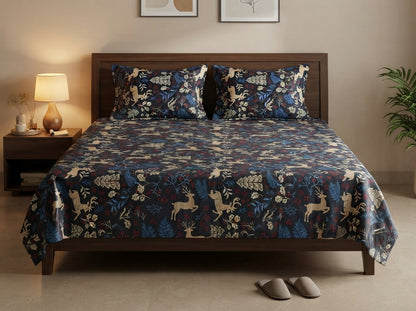Dark Forest Deer King Bedsheet Set with cream leaping stag and teal forest botanical print on midnight navy background, styled on a dark wood king bed with two matching pillow covers