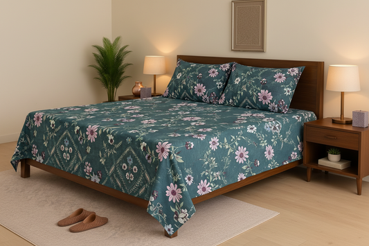 Teal Daisy Garden Single Bedsheet Set – 100% Cotton