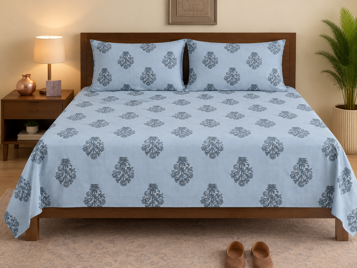 Blue Boteh Medallion Single Bedsheet Set – 100% Cotton